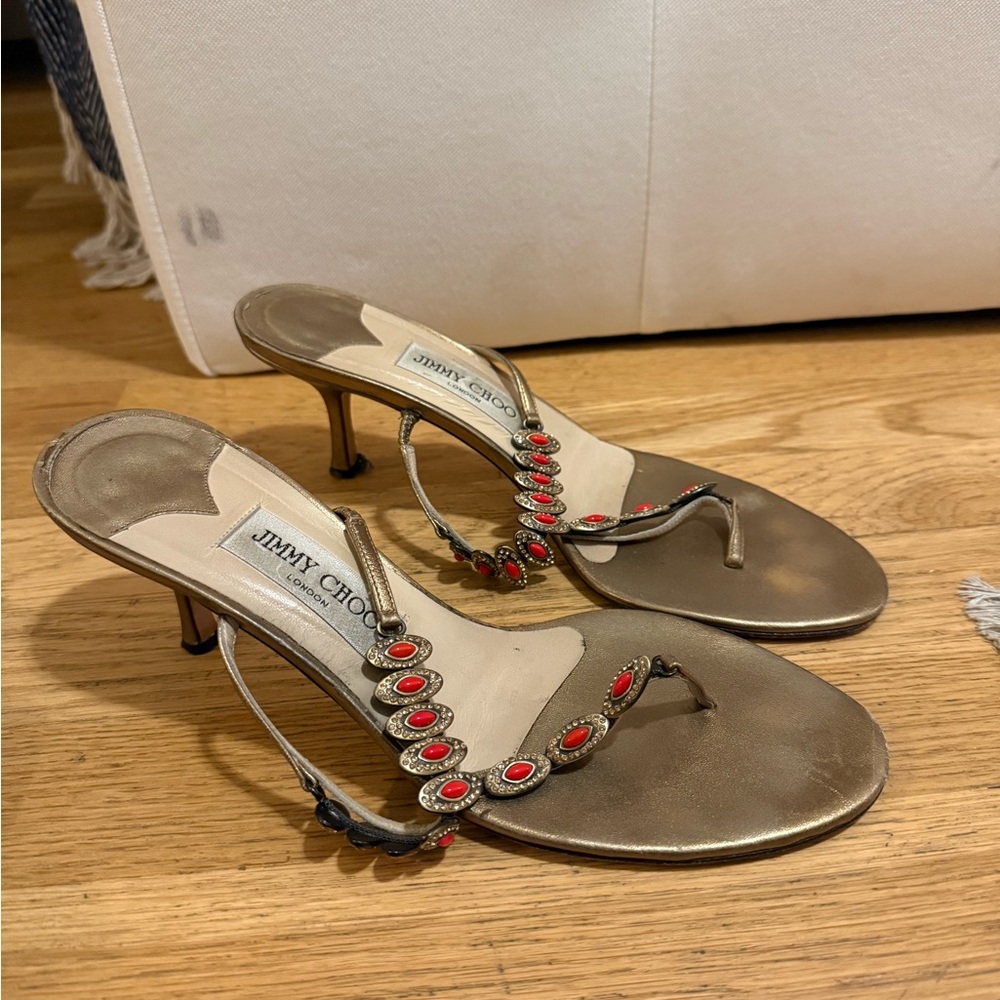 Jimmy Choo Metallic Gold Heels with Red Accents